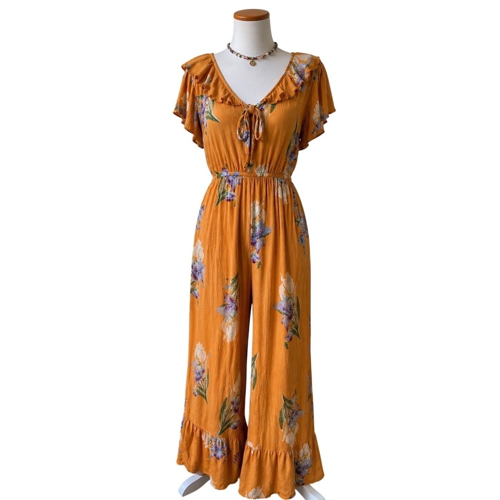 Floral Wide Leg Jumpsuit Ruffle Hem Boho Flowy L Flutter Sleeve GiGiO